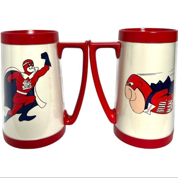 Set of TWO Bud Man Vintage Beer Mugs Superhero Thermos and Eagle Red and White - Picture 7 of 15